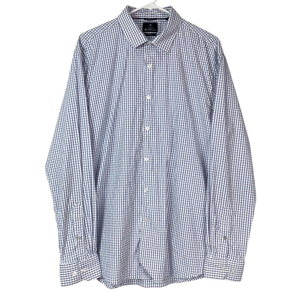 Ben Sherman Blue White Check Slim Fit Button Up Shirt XL Long Sleeve Stretch